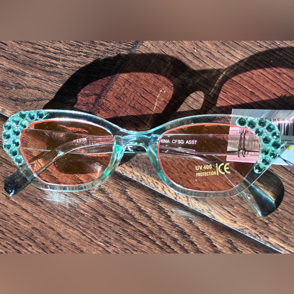 Green pink rhinestone cat eye sunnies sunglasses pride summer